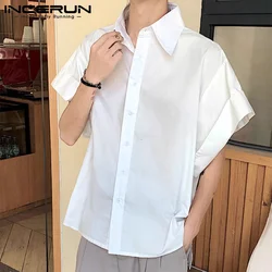 INCERUN Tops 2024 Korean Style Men's Solid Large Cuff Design Shirts Casual Simple Summer Solid Loose Short Sleeved Blouse S-5XL