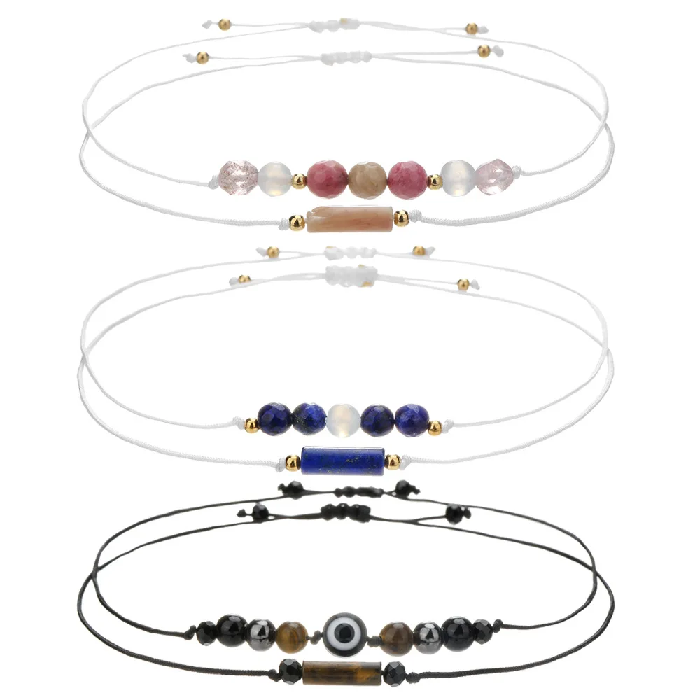 Meetvii 2pcs/set Natural Stone Charm Braided Bracelet Set Cylindrical Amethyst Tiger Eye Pink Crystal Couple Friendship Jewelry