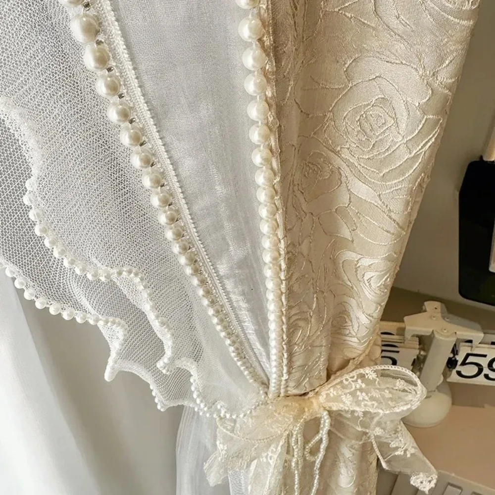 French Romantic Retro Cream Embossed Rose Pearl Lace Semi-shade High Precision Villa Luxury Curtains for Living Room Bedroom 1PC