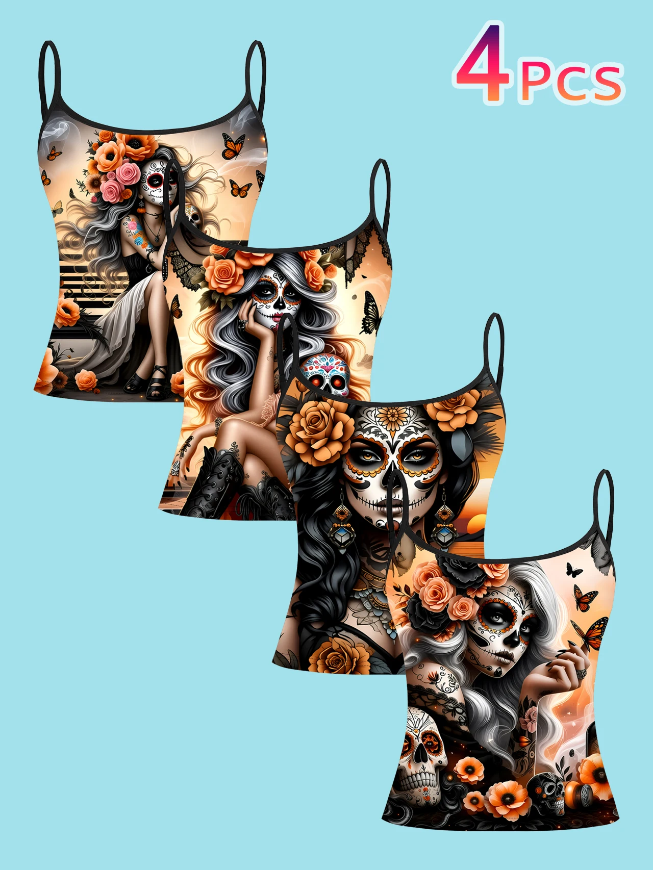 4-Piece Set of Women's Spaghetti Strap Camisoles with Mexican Day of the Dead Sugar Skull Beauty, Rose, and Butterfly Full Print Slim Fit Sleeveless Tops, Halloween Retro Dark Style Outerwear and Inner Layer Base Shirt