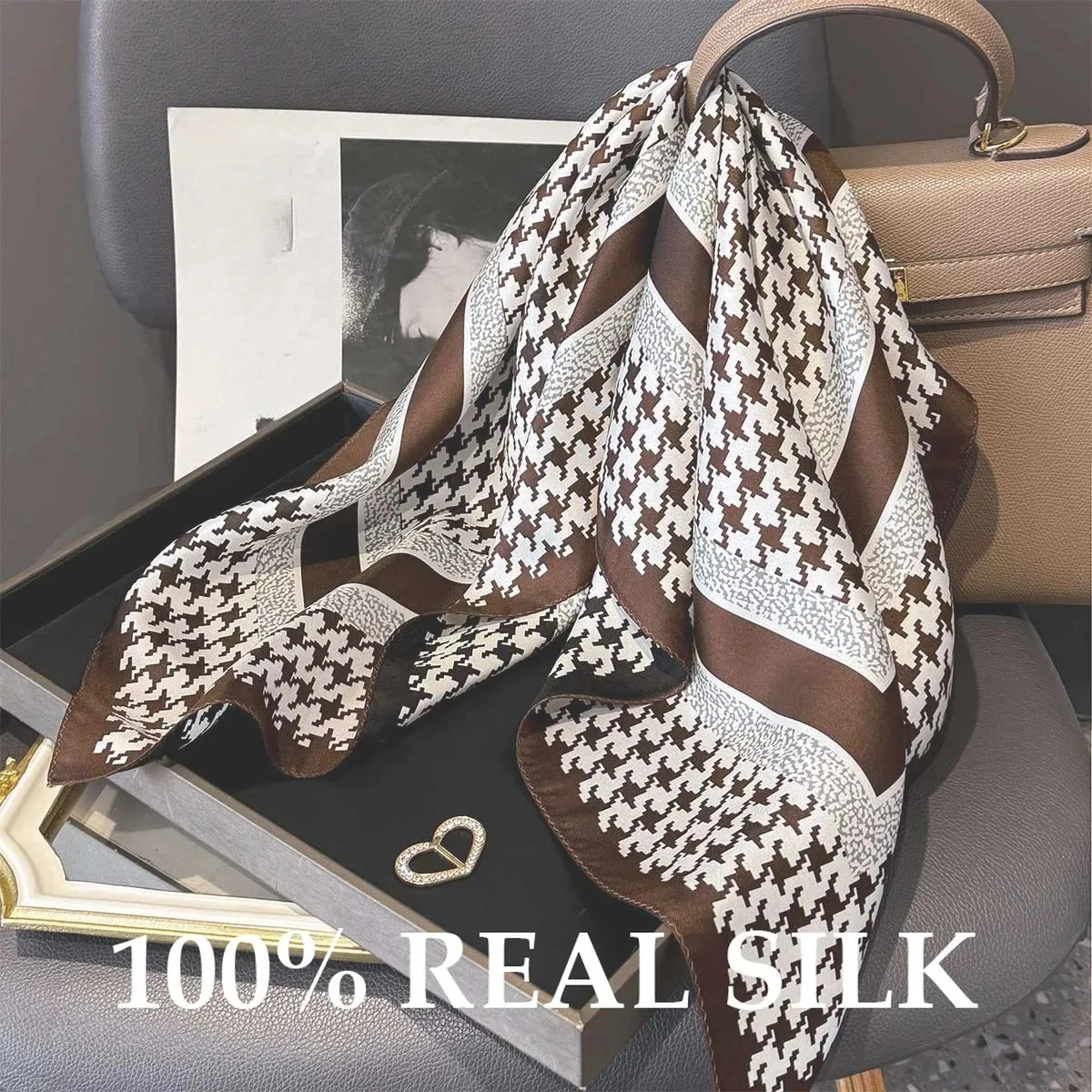 

Новый 100% шелковый квадратный платок, роскошная шаль с принтом «гусиная лапка», защита от солнца, хиджаб, фулярд, бандана, керчиф, пончо