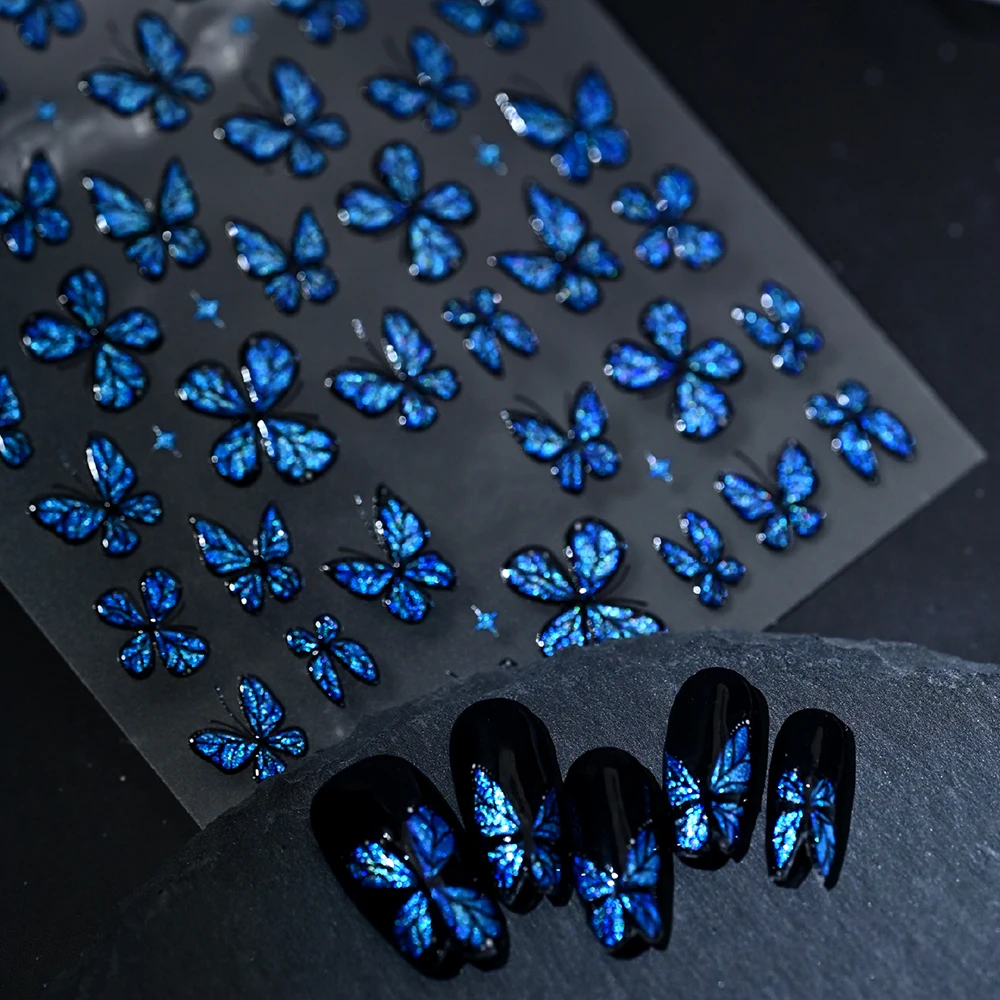 1 Stück 5D Traumhafte Laser-Glitzer-Schmetterling-Nagelaufkleber Glänzende Holographische Blaue Schmetterling-Nagelsticker Selbstklebende Maniküre-Zubehör – Detail 10