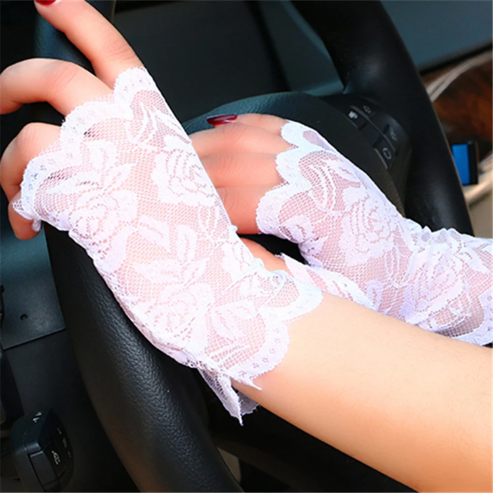 White Lace Gloves Black Fingerless Sun Protection Block Woman UV for Driving Short