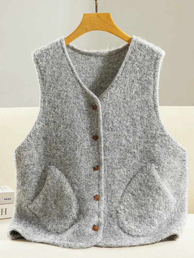  Cashmere Knitted Vest Women's Autumn Layering V-Neck Warm Sleeveless Shoulder Pad Slimming Inner Wear Top