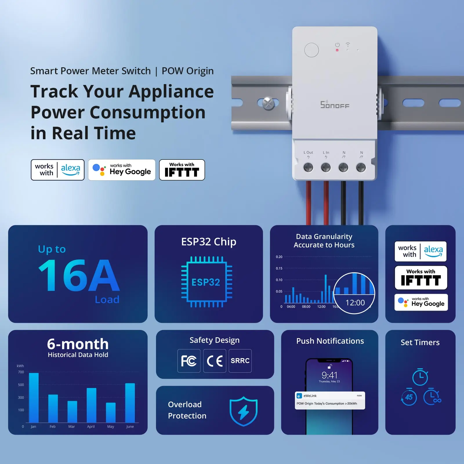 SONOFF POW Origin Powr316 interruptor medidor de potencia inteligente 16A Wifi interruptor inteligente remoto con aplicación eWelink Alexa Google Home