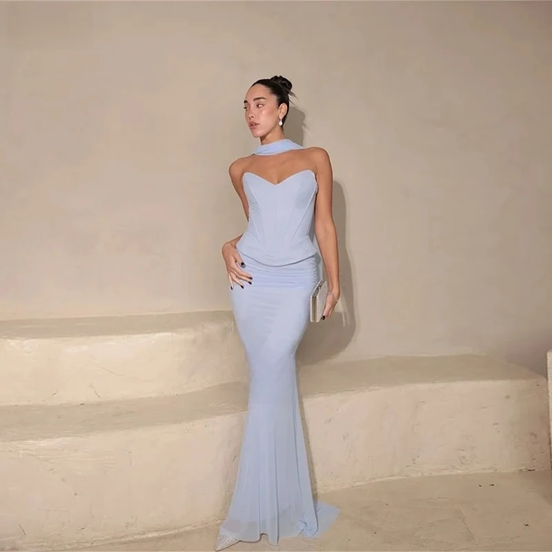 

2026 Baby Blue Chiffon Prom Dresses Mermaid Modst Vestidos De Fiesta Strapless Corset back Robe De Soirée Women Customized