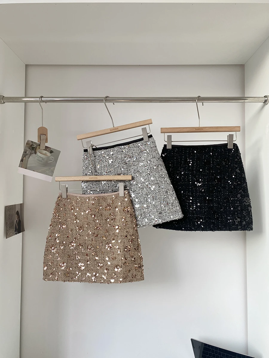 Shiny Sequin Color Block High Waist  Skirt Women's Autumn Winter 2024 New Korean Style Versatile Slim A-Line Short Skirt