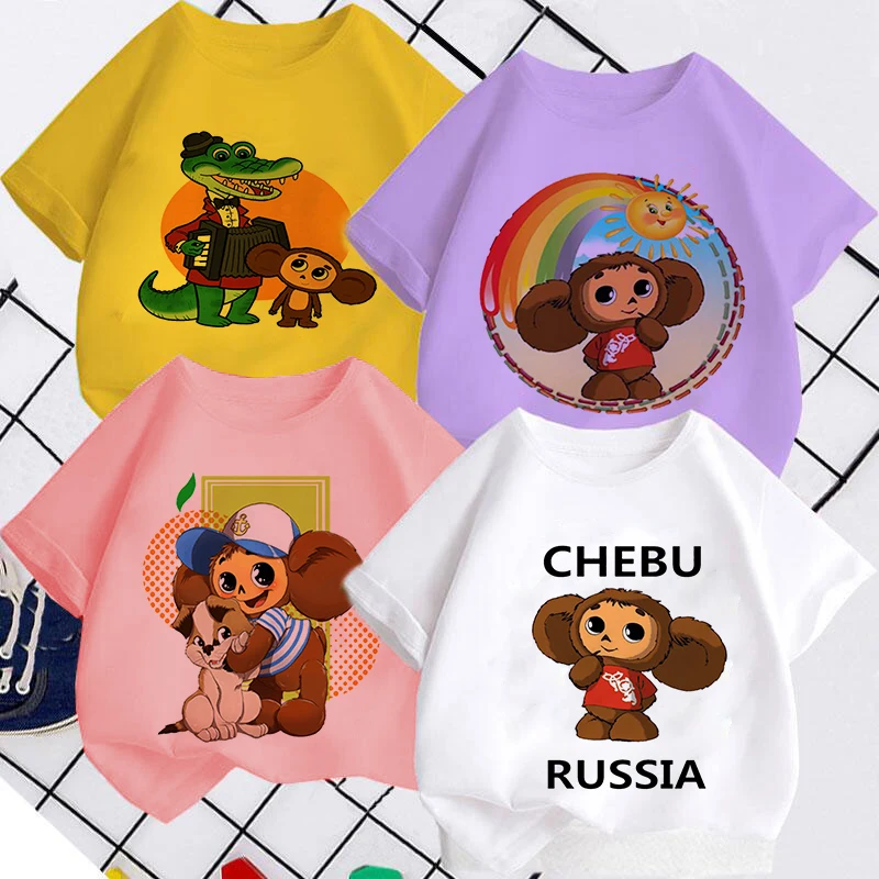 4 Colors 2-9y Children Russian Cartoon Cheburashka Funny T Shirt Summer Baby Boys/Girls Chebu Russia Tops T-shirt Kids Clothes