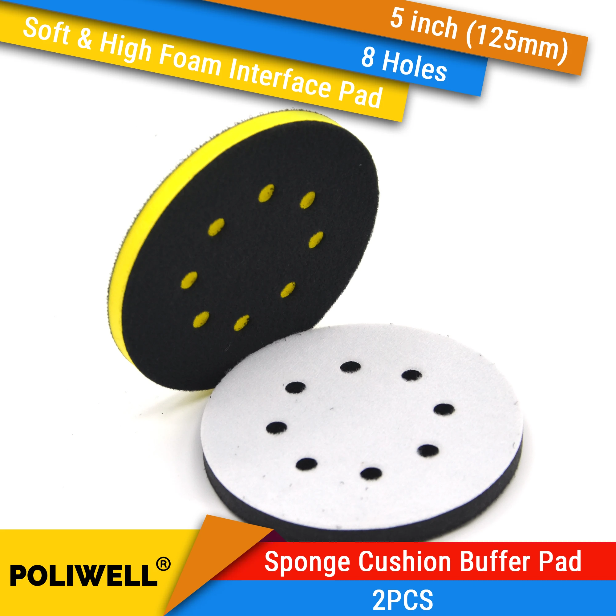 

2PCS 5 Inch 8 Holes Soft and High Foam Interface Pad Hook and Loop Sponge Cushion Buffer Backing Pad for Orbital Sander