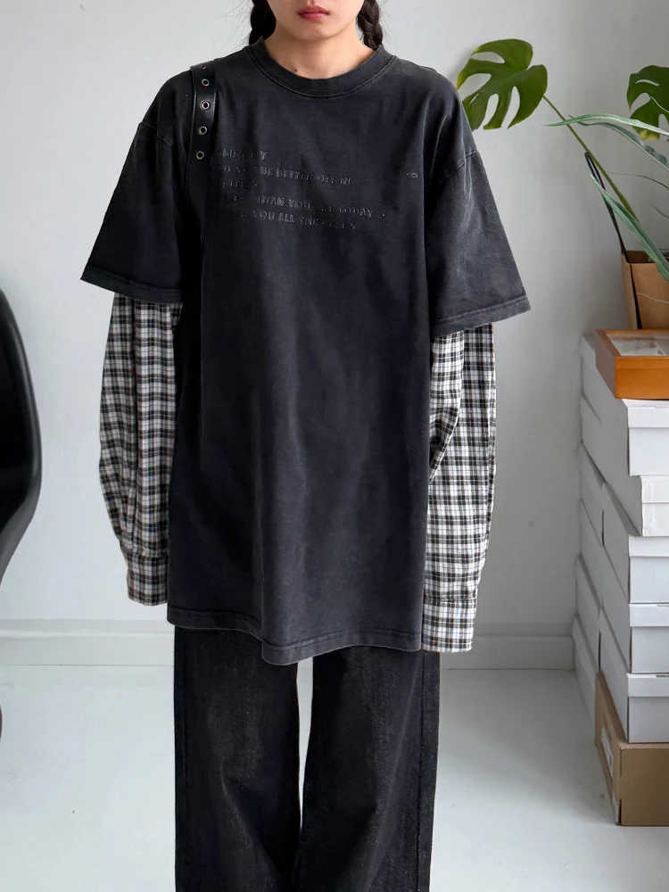 Pure Cotton Long Sleeve T-Shirt Casual Loose Plaid Color Block Letter Print Vintage Style Men Women Universal Spring Top
