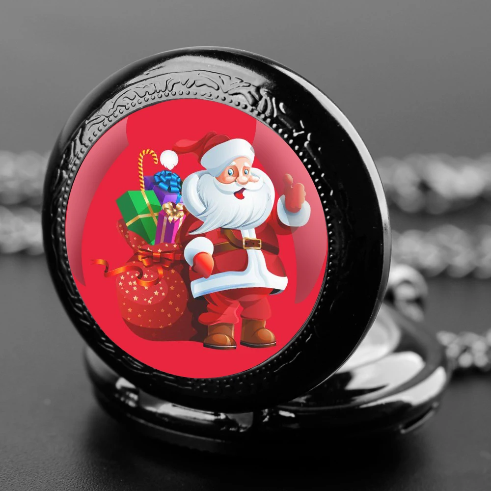 Christmas Santa Claus Glass Dome Quartz Pocket Watch With Durable Chain Arabic Numeral Dial Extraordinary Gifts for Men Kids