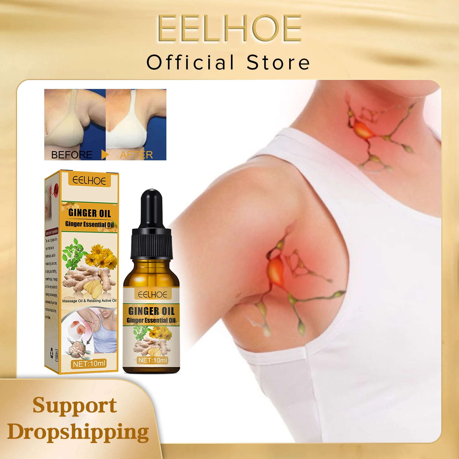 EELHOE Ginger Oil Lymphatic Drainage Body Care To Dredge Armpit Neck Meridian Dredging Relieve Stress Lose Weight Essential Oil