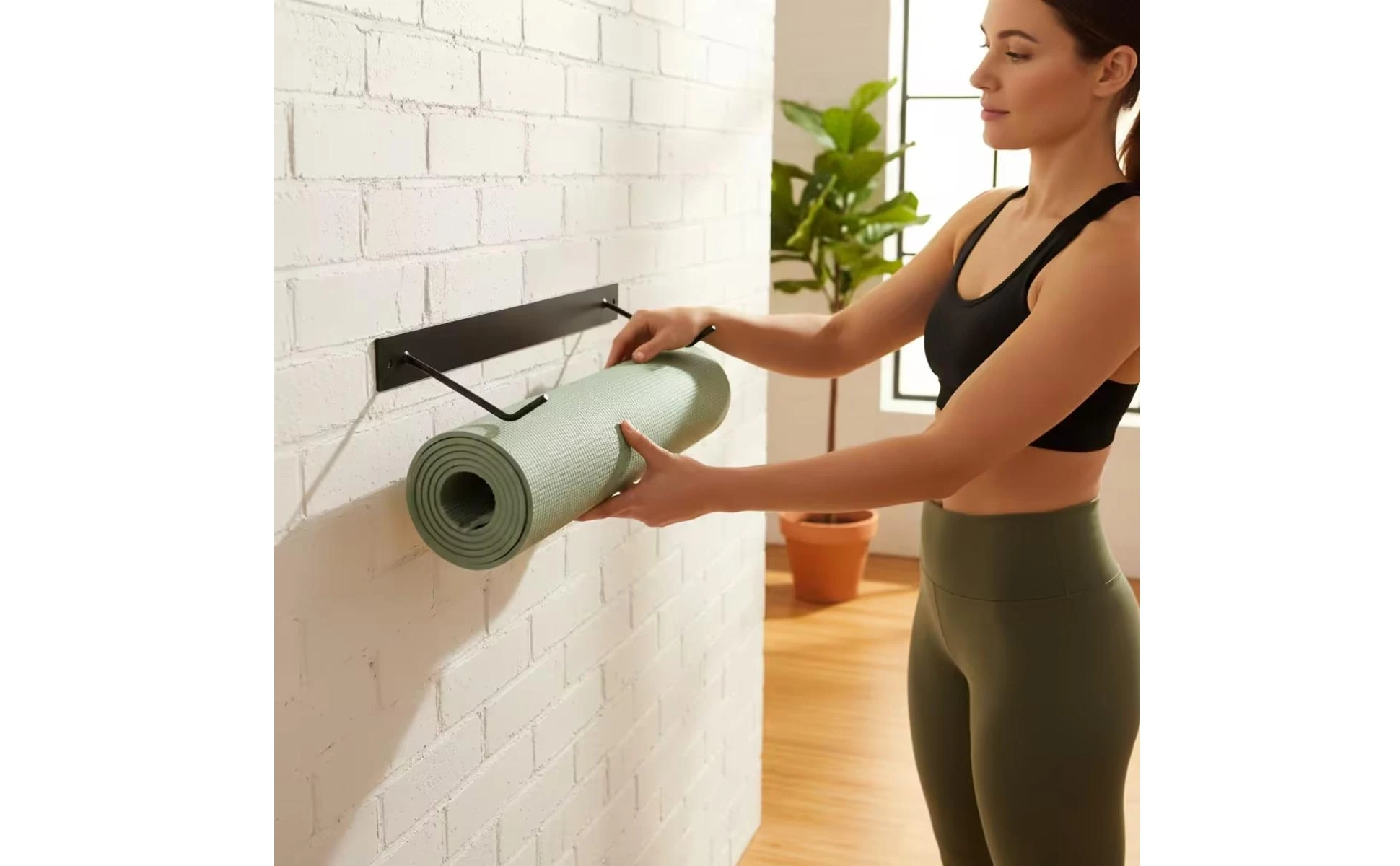 Fitness Mat Storage Rack Metal Fitness Mat Rack Shelf with Hooks Heavy-Duty Sturdy for Yogis, Home Gym, Workout Room