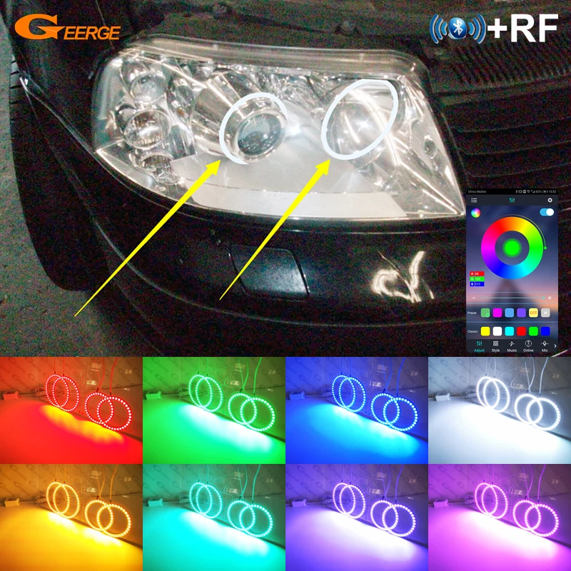 For Volkswagen VW SHARAN 7M Seat Alhambra BT App RF Remote Control Multi-Color Ultra Bright RGB LED Angel Eyes Kit Halo Rings