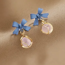 Sweet Round Opal Dangle Earrings for Women Party Golden Color Twist Metal Jewelry Trendy Korean Blue Bow Drop Earrings