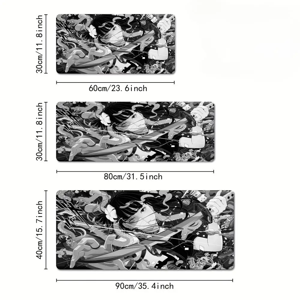 แผ่นรองเมาส์ลายอนิเมะสาวขาวดำขนาดใหญ่ แผ่นรองโต๊ะทำงาน แผ่นรองเล่นเกม กันลื่น ขอบเย็บอย่างดี พรมสำนักงานสุดเท่ แผ่นรองตกแต่งโต๊ะทำงาน