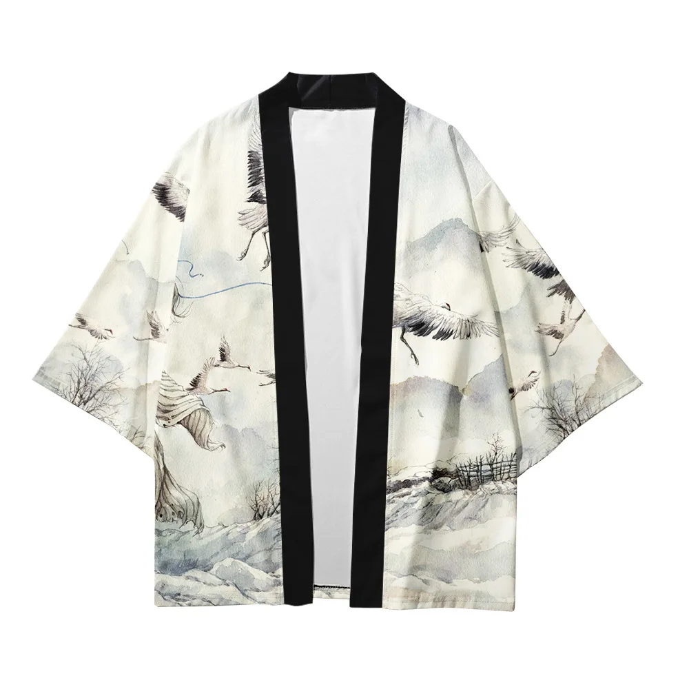 

2021 hot sale new product fashion cardigan 3d digital printing red-crowned crane adult traditional kimono 9