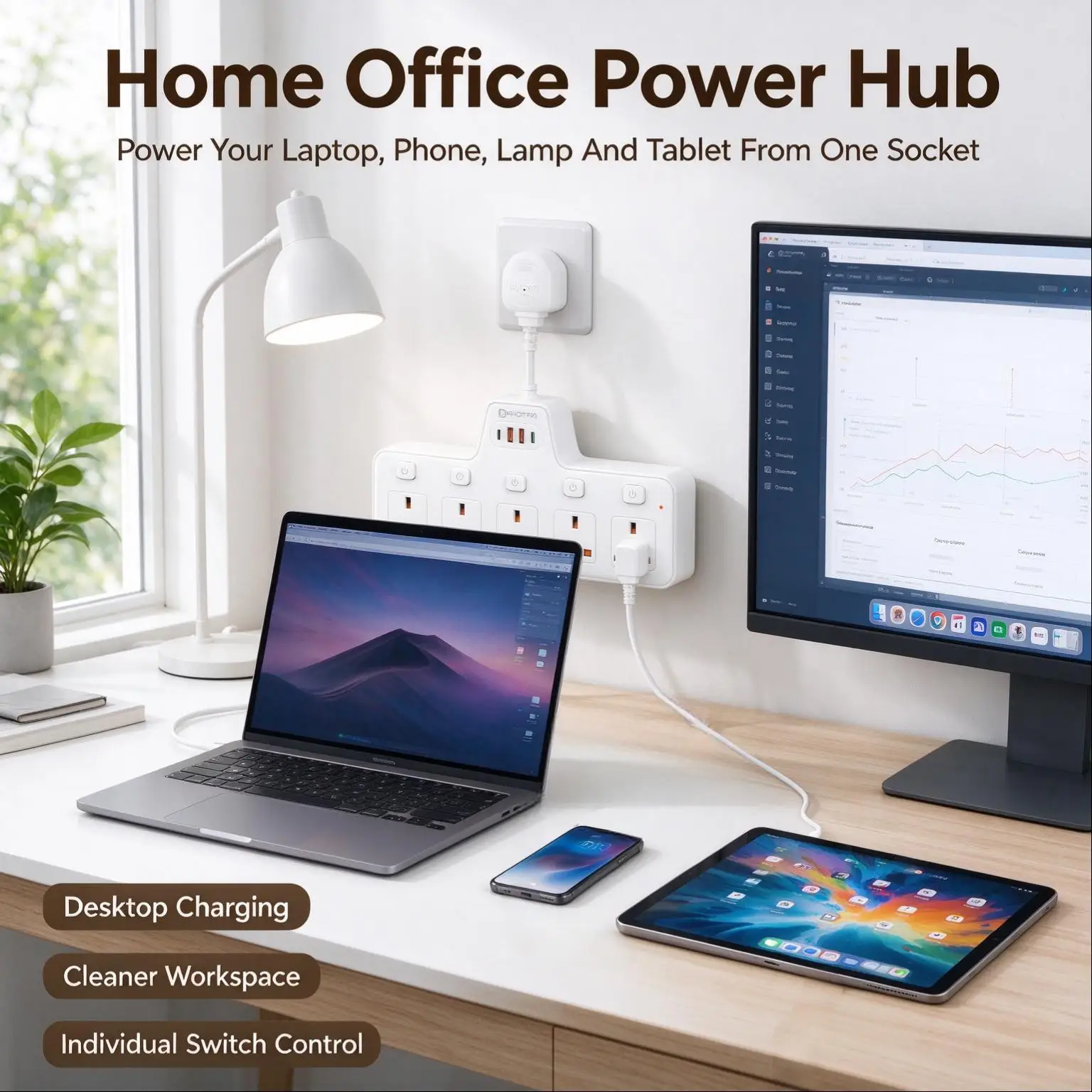 2500W UK Plug Power Strip 5AC Socket Wall Mounted Independent Switches Multitap Network Filter USB Ports Fast Charging Adapter