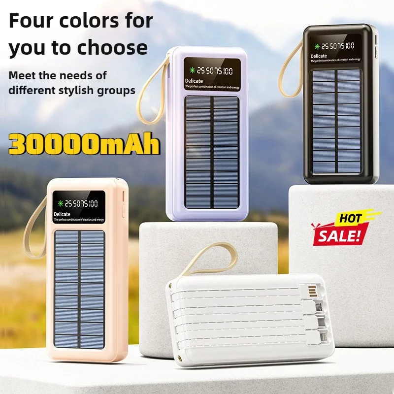 Solar Power Bank 20000mAh with Built-in Cables and Dual LED Flashlights, Portable External Battery Pack For Samsung and iPhone view 2