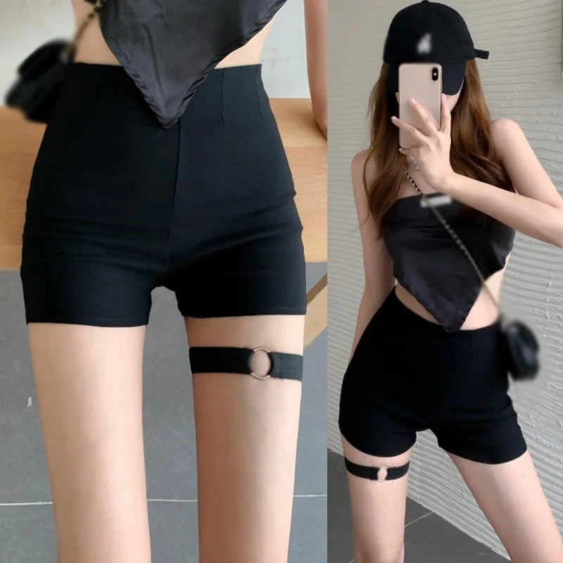 شورت نسائي عالي الخصر من البوليستر ، أحادي اللون ، أسود ، ضيق ، مثير ، ورك ، مرن ، نحيف ، حلقة ، بنطلون نسائي ، الصيف #5
