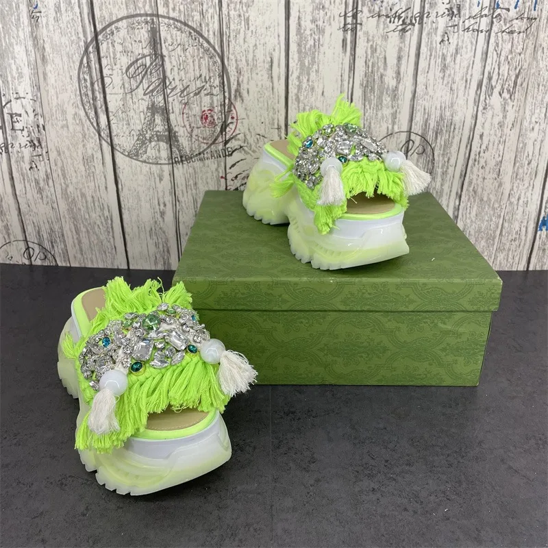 Summer Women Slippers Outdoor Slides High Heels Platforms Crystal Decor Special Design Luxury Designer Brand 2024 Fashion Green