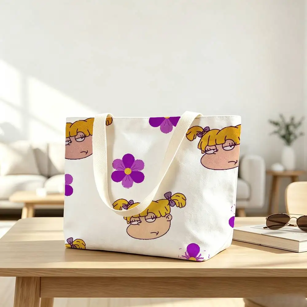 Funny Cartoon R-rugrats Print Canvas Tote Bag Handbag For Daily School Commute Casual Shoulder Bag