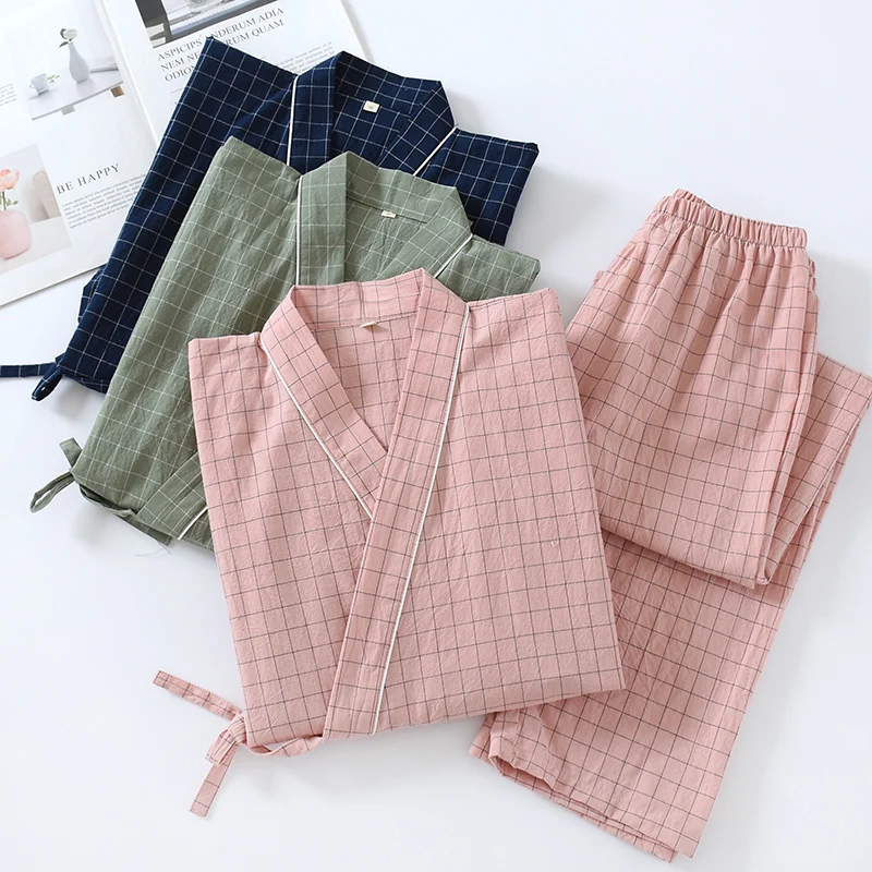 No-print Japanese women's Kimono Pajamas Spring And Autumn Book Pure Cotton Washed Cotton Yarn lace-up Home Suit Set Sweat Suit