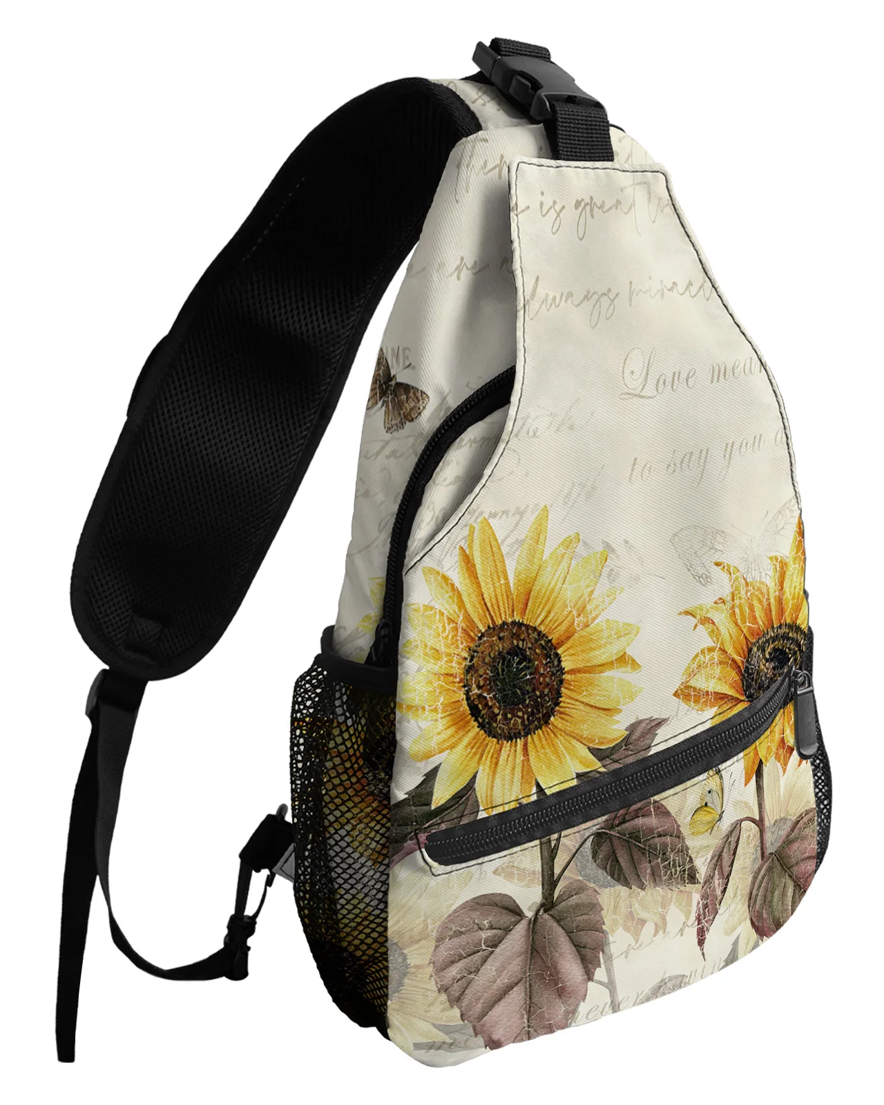 Bolsa de peito impermeável masculina, borboleta amarela girassol de flores vintage, bolsa de ombro para esportes ao ar livre, moda casual