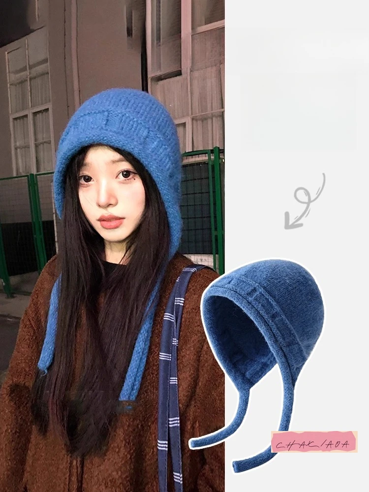 旅行風ショーフェイススモールウールプルオーバーハットブルーリアスプリットデザインストラップニットプラッシュウィザードハット女性秋冬
