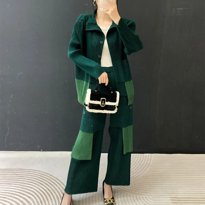  Pleat Women's Jacket Fashion Thickened Fabric Pants Set 2026 Spring New Casual Loose Commuting Thin Elastic Pants 2 Sets