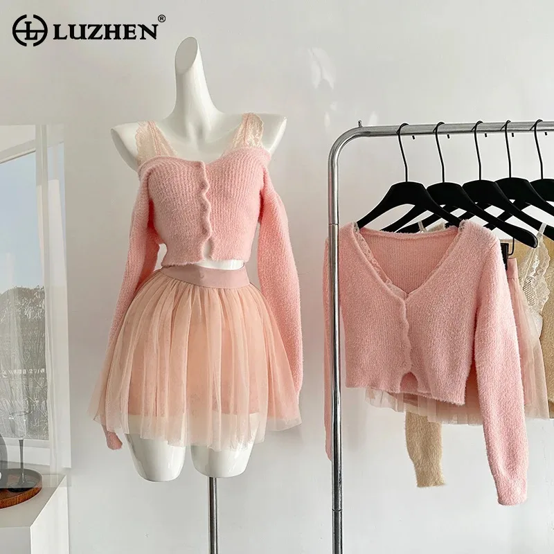 LUZHEN 2024 New Personalized Multiple Wearing Styles Long Sleeve Knitted Cardigan Women's Fashion Gauze Short Skirt Sets AA2681