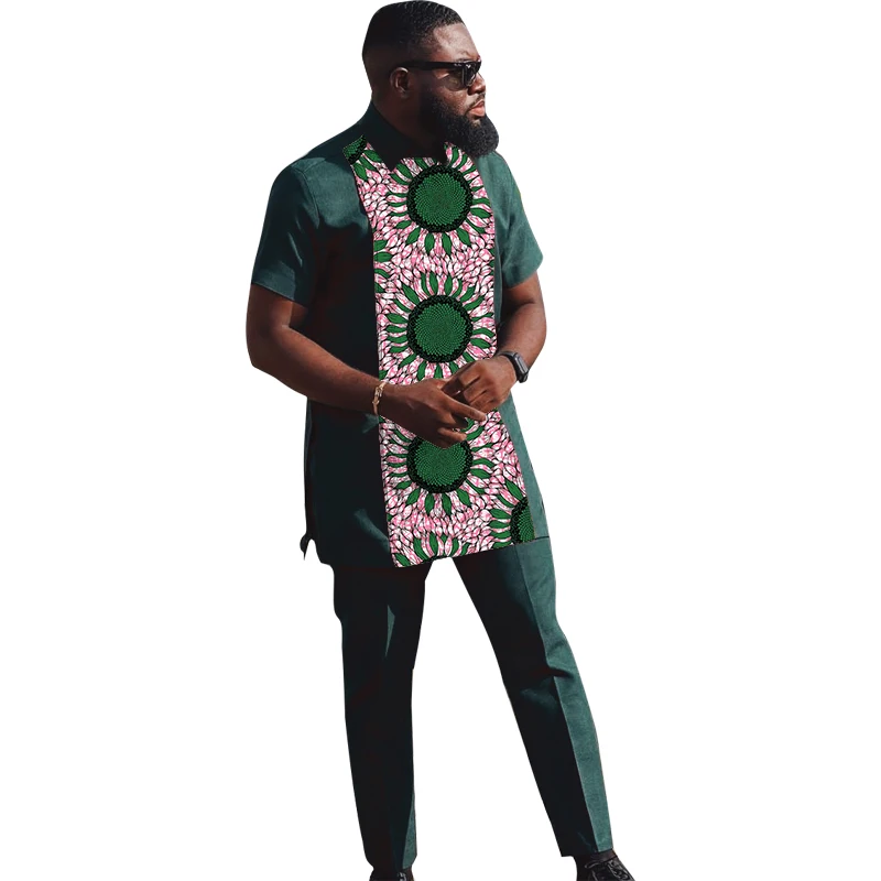 Blackish Green Men\'s Set Patchwork Tops With Pants African Party Wear Stylish Short Sleeve Collared Shirt Wedding Groom Suits