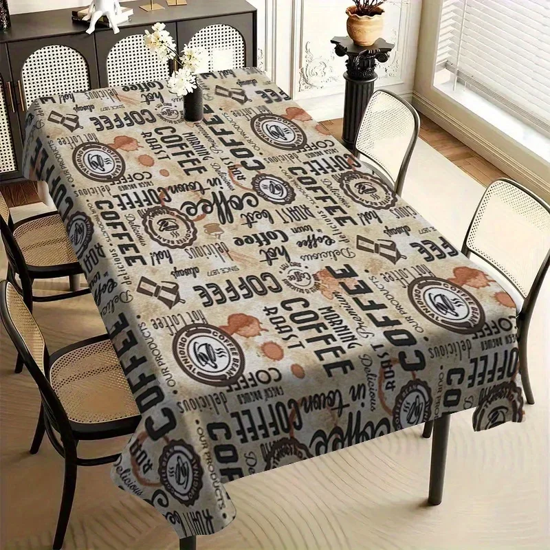 Eine Vintage-Tischdecke mit Kaffee-Motiv – geeignet zur Dekoration in Cafés, Küchen und Restaurants.