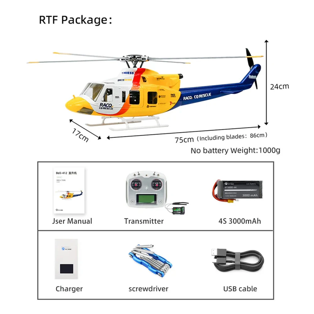 FLYWING Bell 412 RC Hubschrauber 6-Kanal 4-Paddel GPS One-Key-Return Simulation Fernbedienung Hubschrauber Glocke 412 RTF