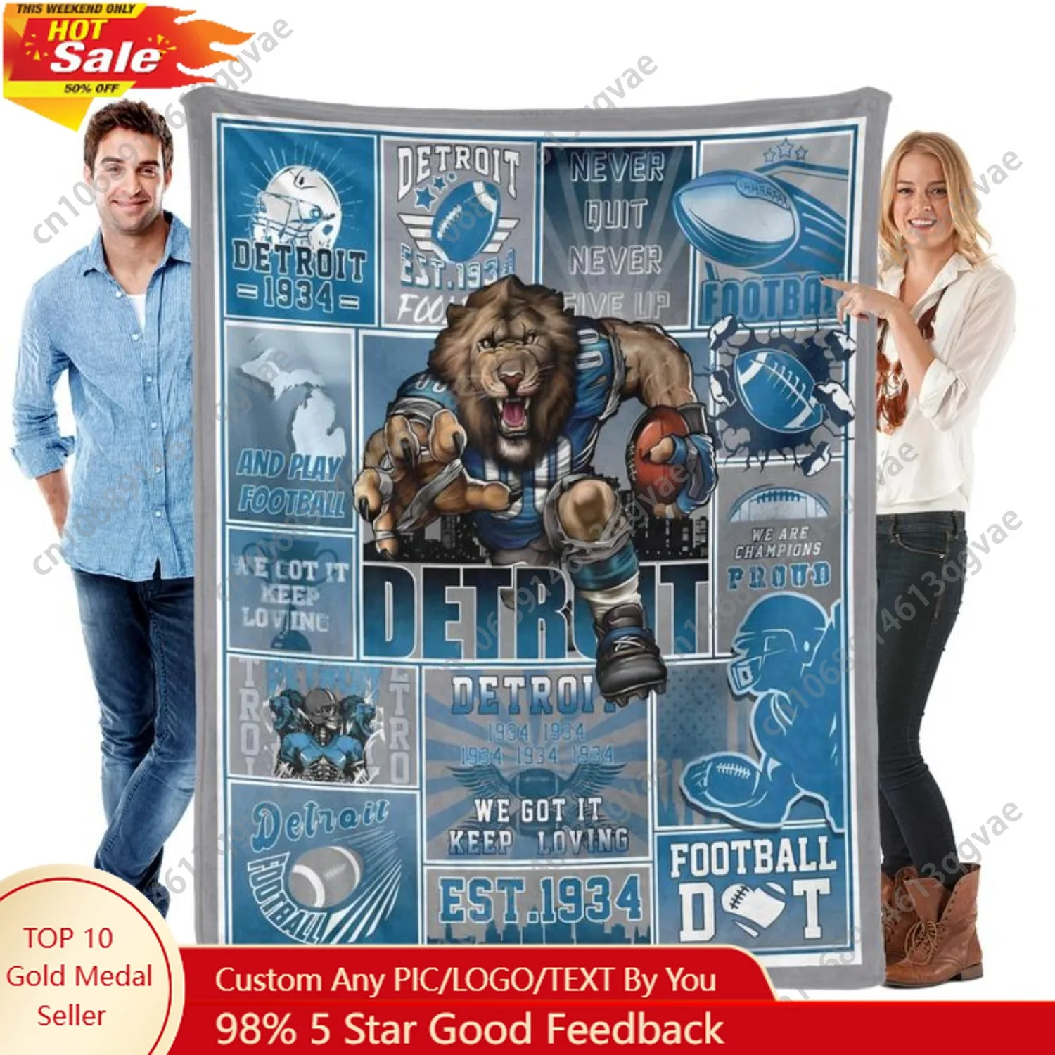 

Contemporary 100% Polyester Detroit Football Fan Flannel Fleece Blanket - All Seasons Warm Throw for Office Home Bedroom Knee