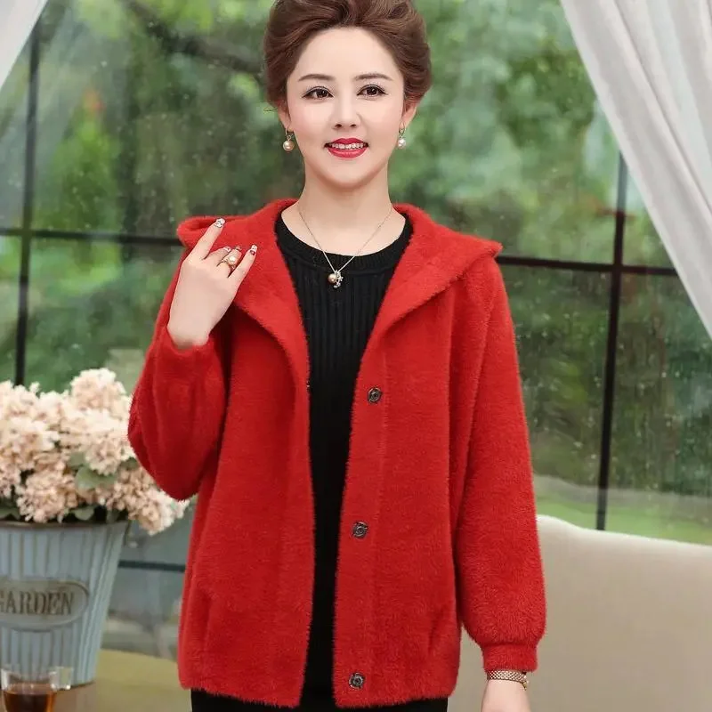 Imitation Mink Velvet Coat Women\'s Spring Autumn Sweater Thickened Jacket Hooded Knitting Outwear 2024 New Cardigan Female Tide