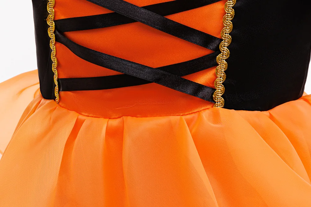 Halloween-Kostüm für Mädchen: Kleid mit Puffärmeln, Rüschen und mehreren Stoffschichten aus Tüll + Hexenhut + Süßigkeitenbeutel in Form einer Kürbis, Party-Outfit für Kinder, 3-teiliges Set. – Detail 14