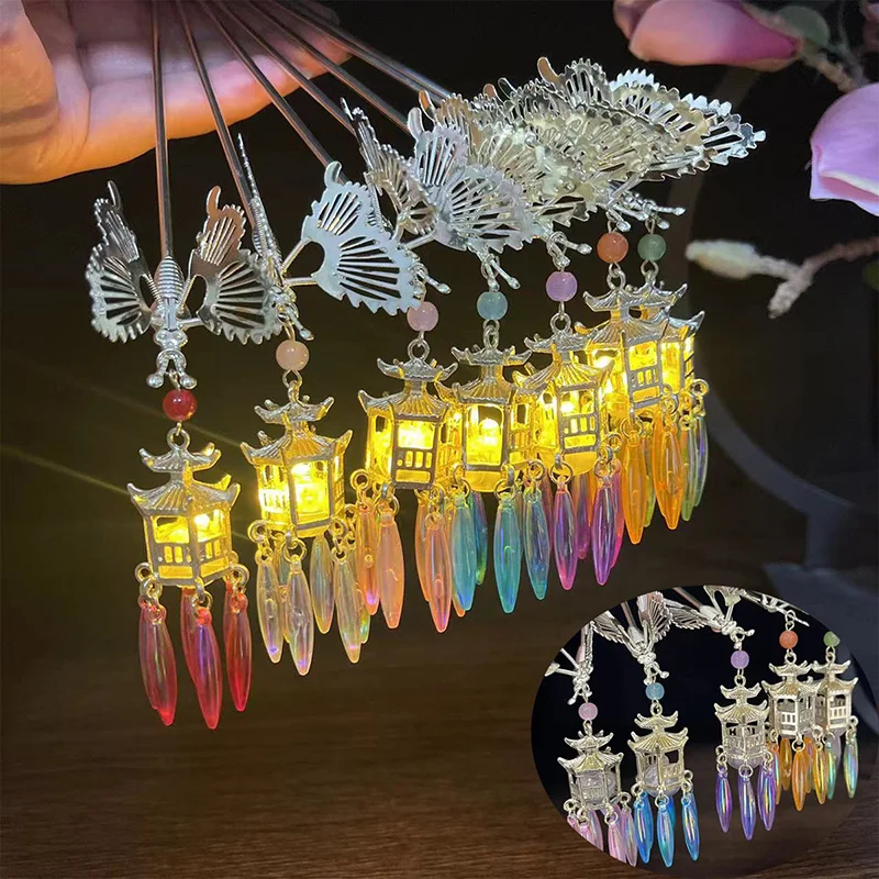 Hot selling lighting hairpin in the scenic area palace fairy lantern hairpin hair accessory coiled hair hairpin Hanfu headwear