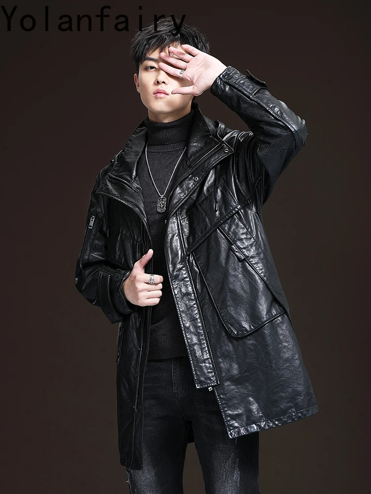 YOLANFAIRY 2025 High-end 100% Real Cow Leather Jacket Men Hooded Mid-length Genuine Cowhide Man Leather Jacket Loose Trench Coat