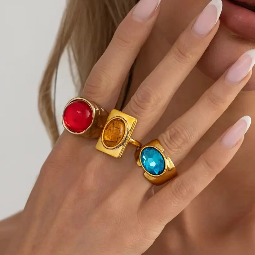 

Ingemark 3Pcs/Set Luxury Colorful Rhinestones Open Rings for Women Vintage Metal Knuckle Chunky Rings Couple Y2K Jewelry Gifts