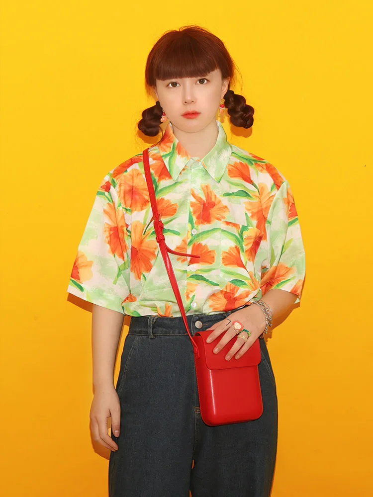 

Модная женская рубашка в стиле ретро с цветными блоками и принтом, с отложным воротником, летняя, в гонконгском стиле