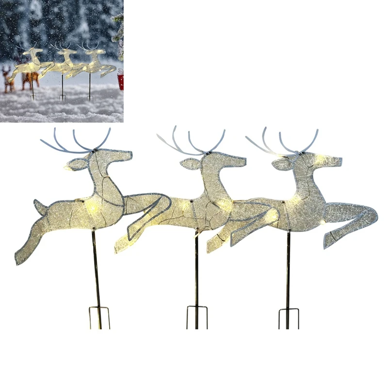 Home Christmas Yard Decoration, Set Of 3 Pre-Lit White Reindeer With White Lights, Light Up Glittered Standing Reindeer