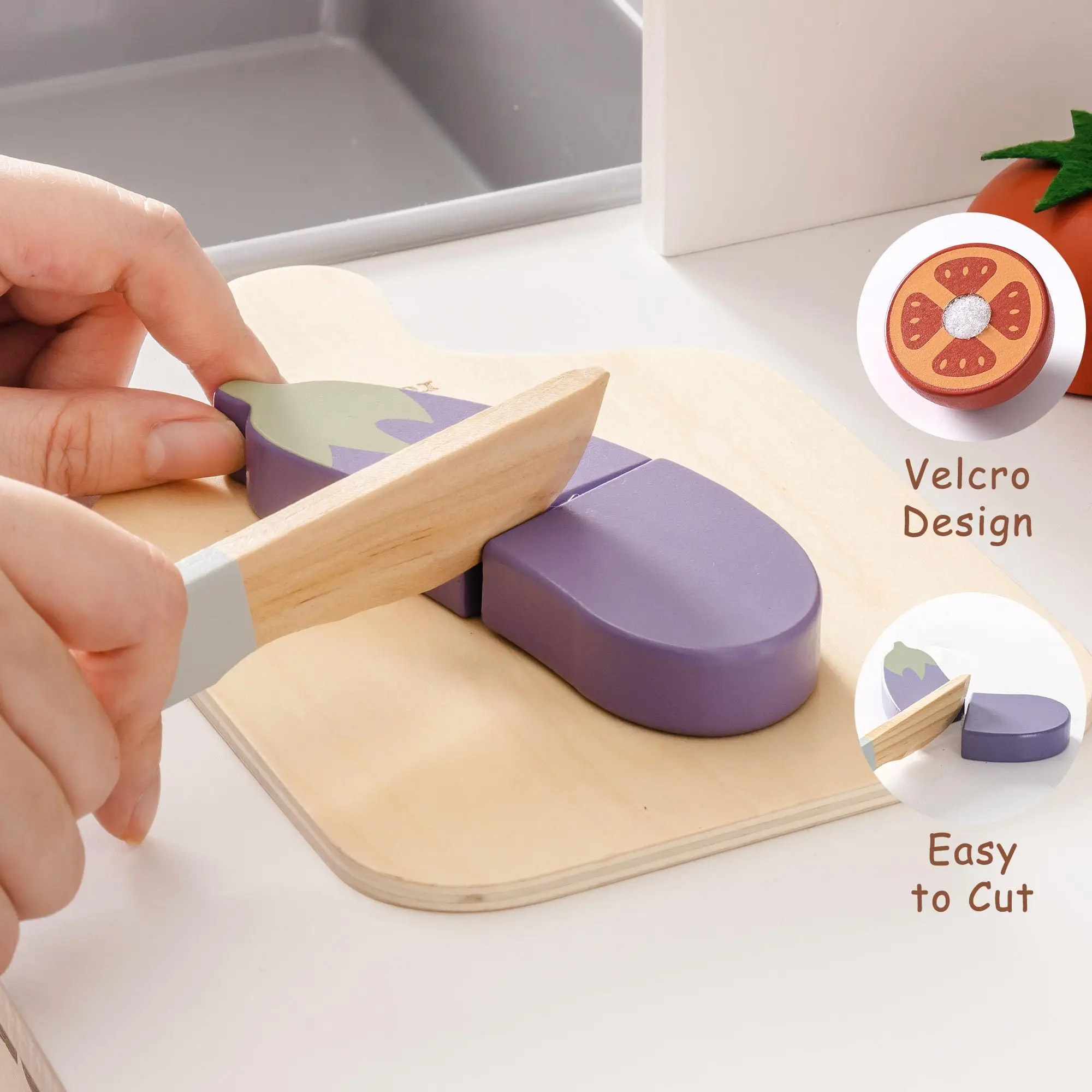 ROBUD Houten Fantasiespel Voedselset Snijspeelgoed Voedsel Spelen Keukenaccessoires Speelgoedvoedsel met opbergtas Speelgoedcadeaus voor meisjes Jongens