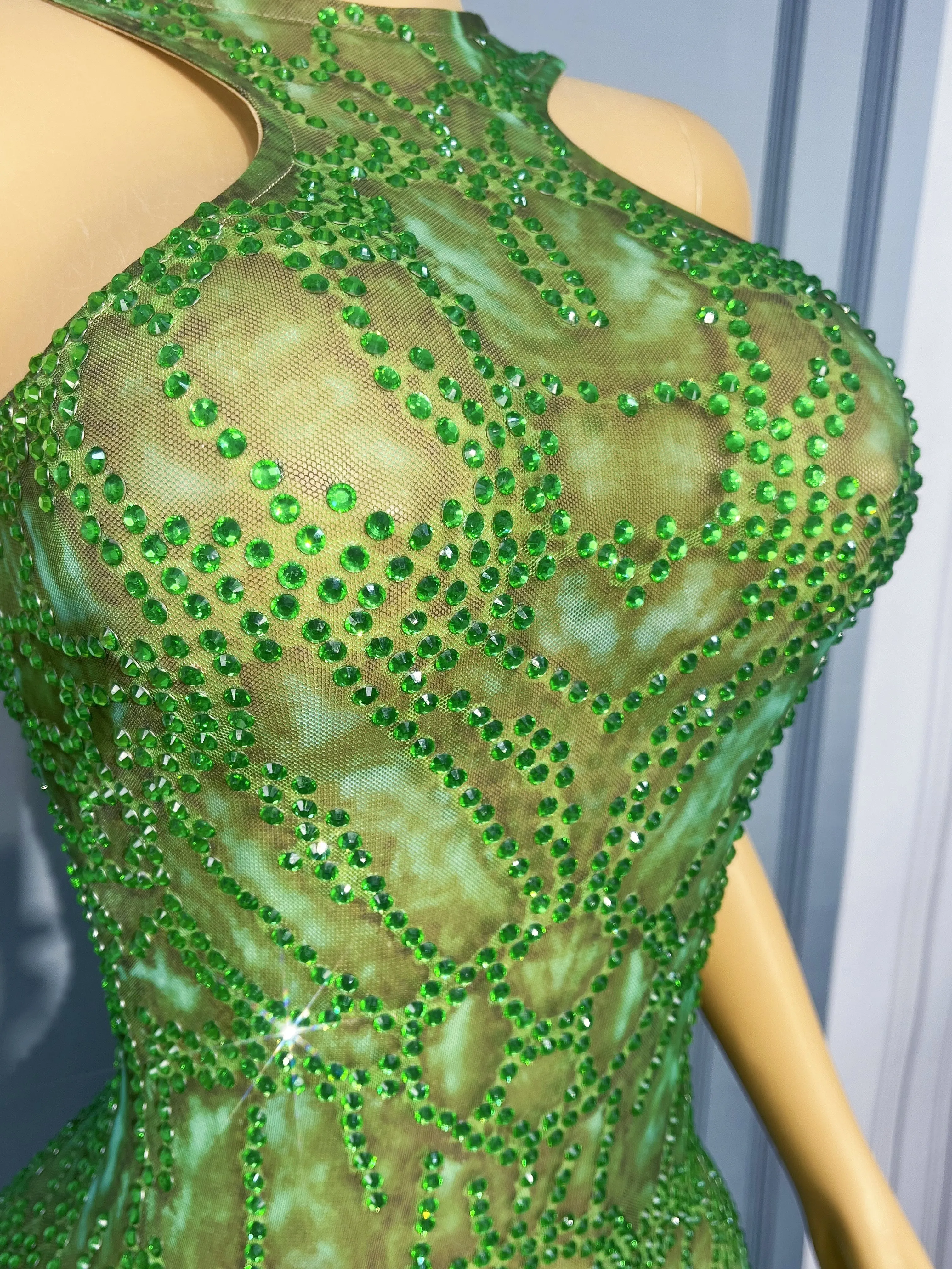 Sexy Zomer Groene Strass Mouwloze Jurk Verjaardag Vieren Party Danskostuum Zanger Prestaties Danskostuum Anyinglv