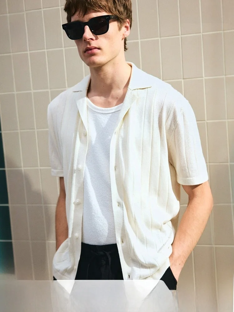 

H&M Men's Stand Fit Mixed Fibre Cuban Collar irt Casual Sle Loose Svel Pure Color Spring Faion Youthwear