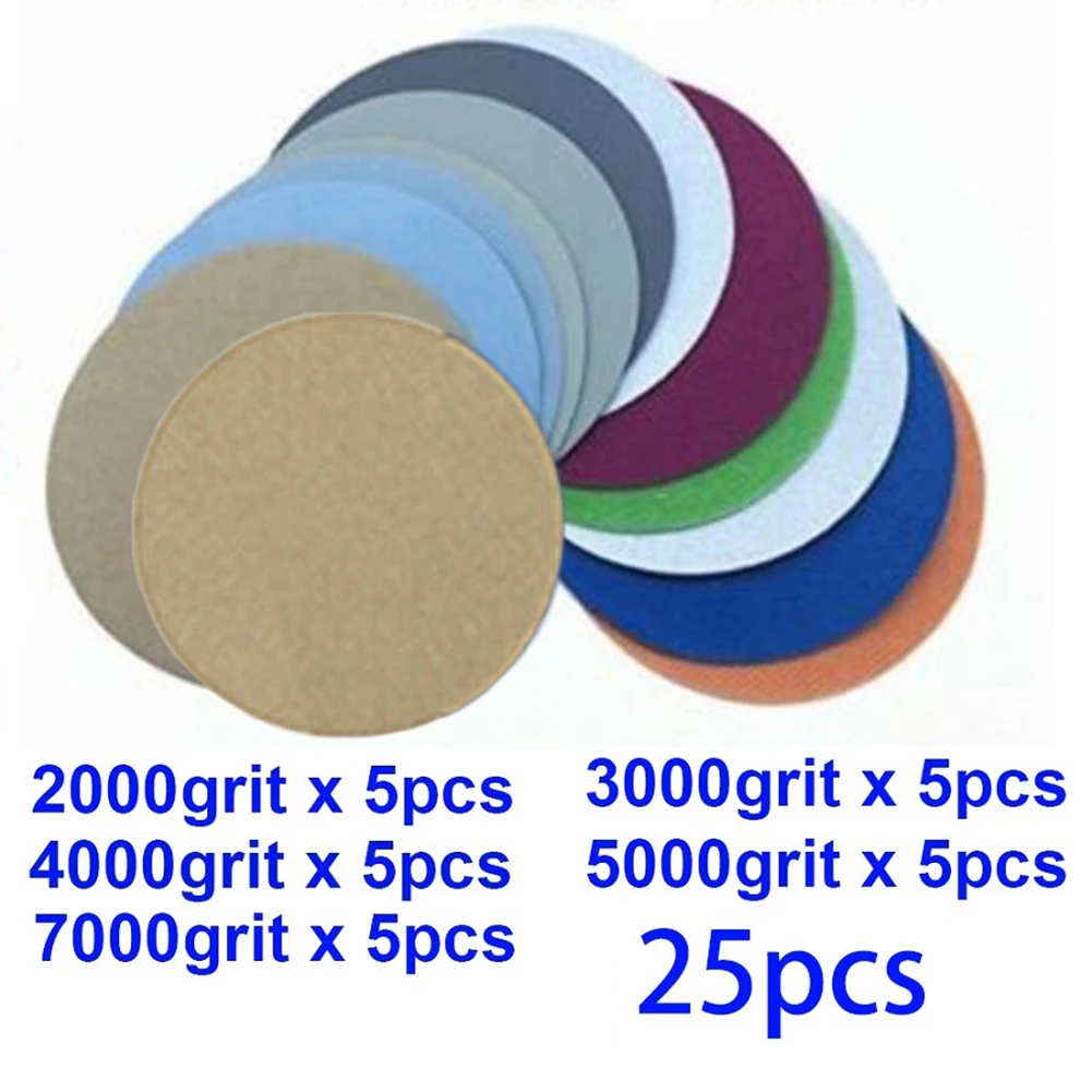 25pcs 3inch Sandpaper Ho-ok & Lo-op Sanding Disc Water/Dry Sand Paper Abrasive Tools 2000 3000 4000 5000 7000 Grit