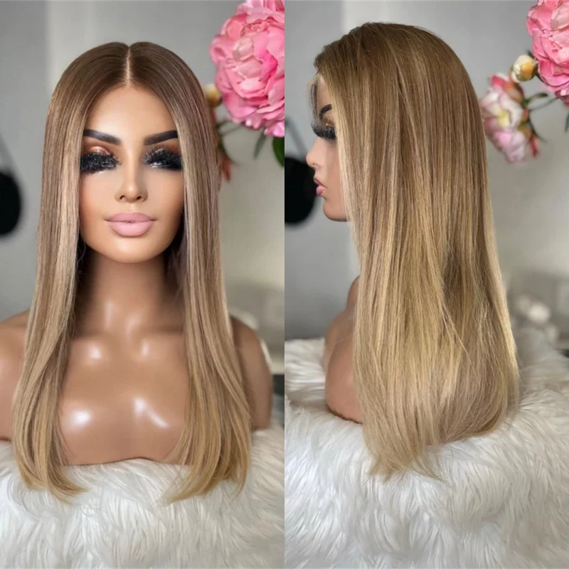 

Preplucked Hairline 13x4 Ombre Caramel Blonde Highlight Wig Soft Long Straight Wig Synthetic HD Lace Front Wig Party Daily Wigs