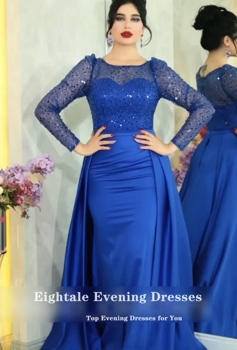 Eightale Luxury Evening Dresses with Detachable Skirt Royal Blue Long Sleeves Customized Satin Mermaid Party Prom Gown