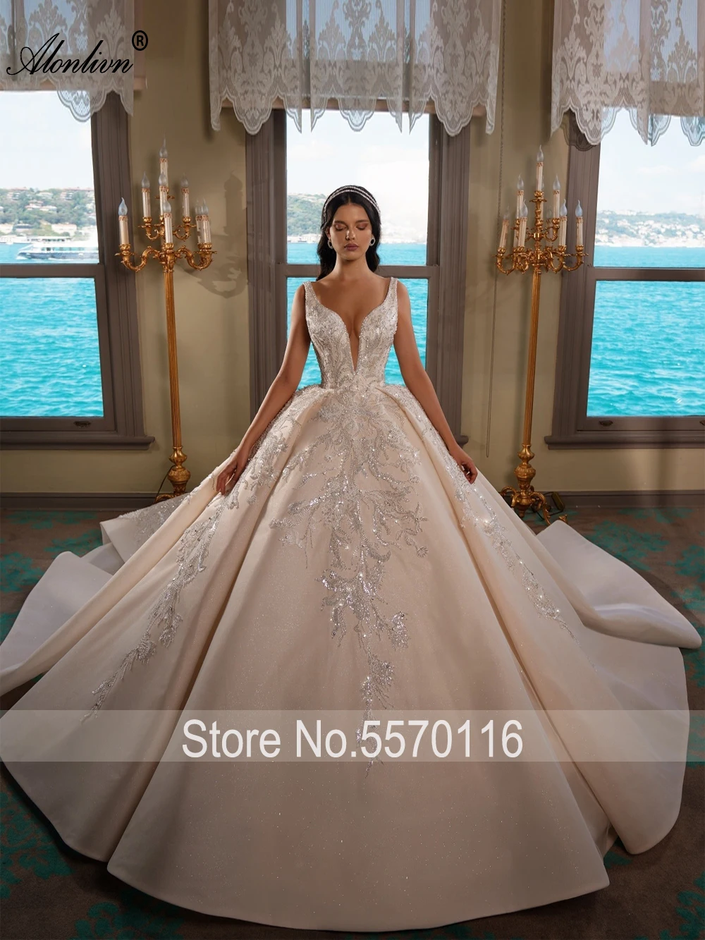 Alonlivn Custom Made Luxury Appliques Lace Ball Gown Wedding Dresses Chapel Train V-Neck Spaghetti Straps Bridal Gowns