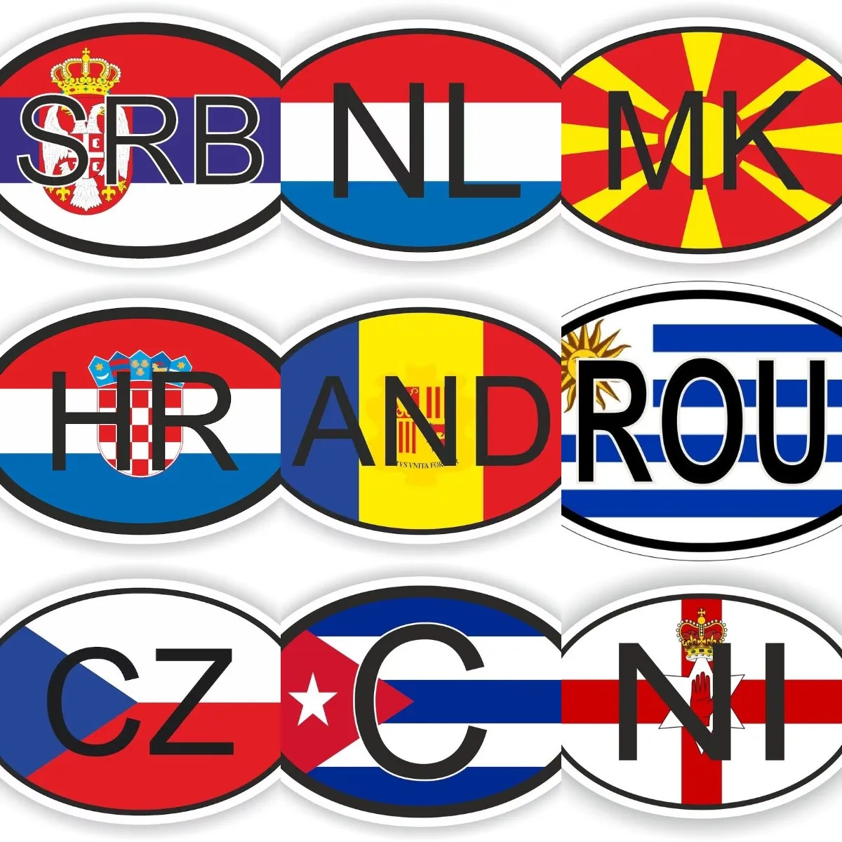 SRB Serbia NL Netherlands MK Macedonia HR Croatia AND Andorra ROU Romania CZ Czech NI Northern Ireland National Flag sticker